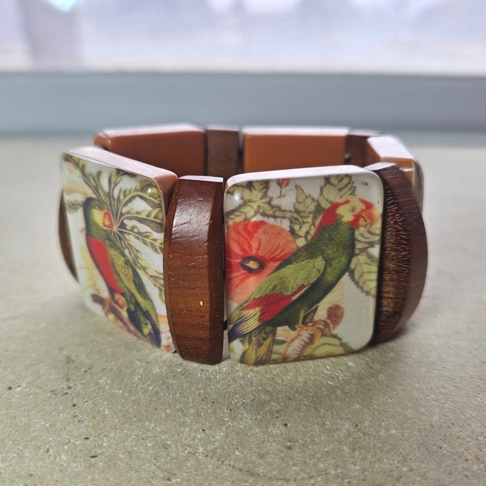 Vtg 50s 60s Wood Resin Parrot Bird Stretch Bracelet Tropical Hawaiian Brown - Picture 5 of 5